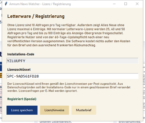 Lizenz- und Registrierungsfenster mit Installations-Code und Lizenzhinweisen