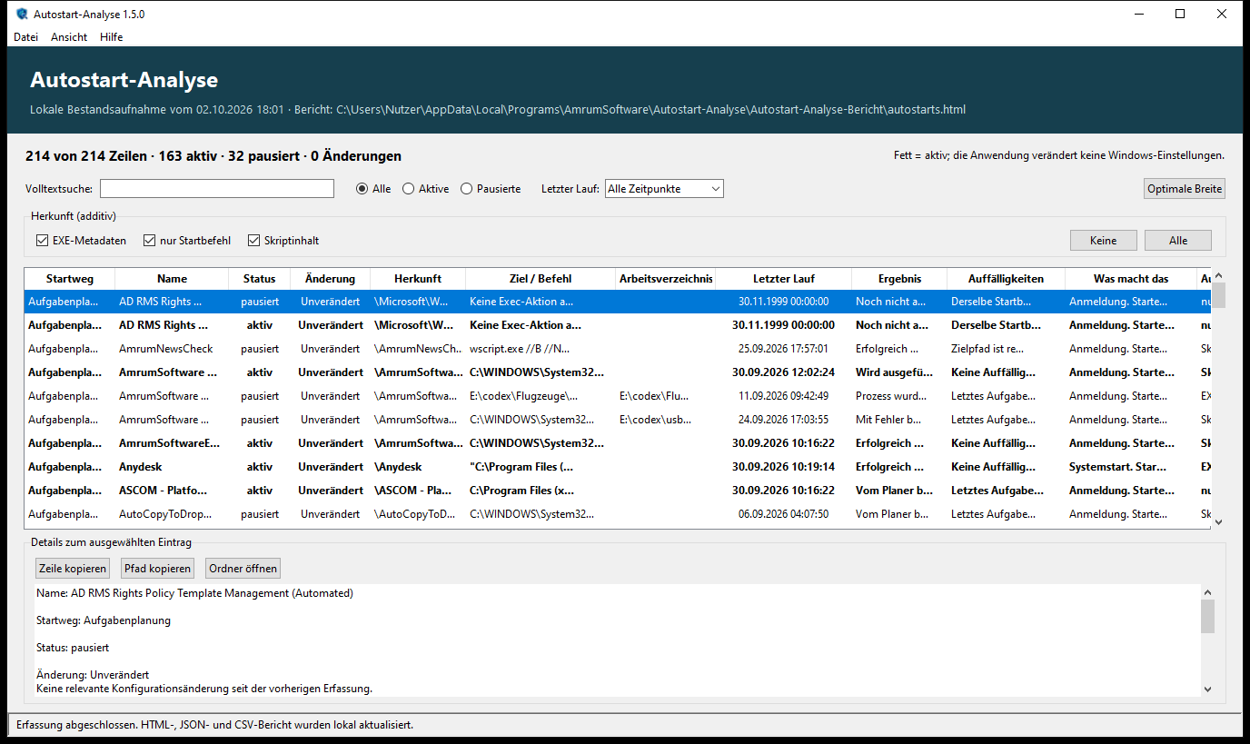 Programm mit Filtern, Tabelle und Details