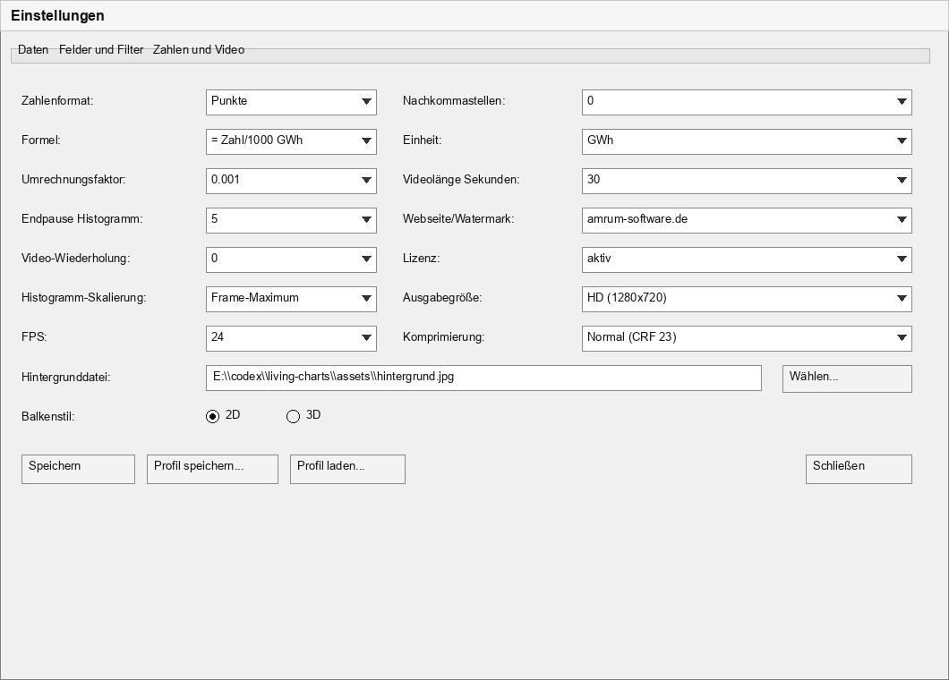 Einstellungen der Living Charts Werkstatt