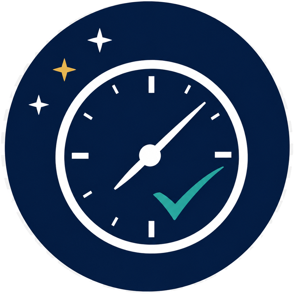 Logo von NINA Script TimeCheck: Uhr, Sterne und Häkchen