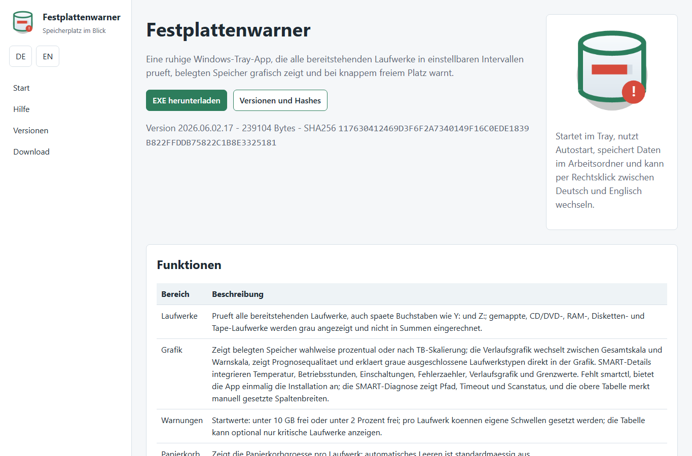 Screenshot: Festplattenwarner