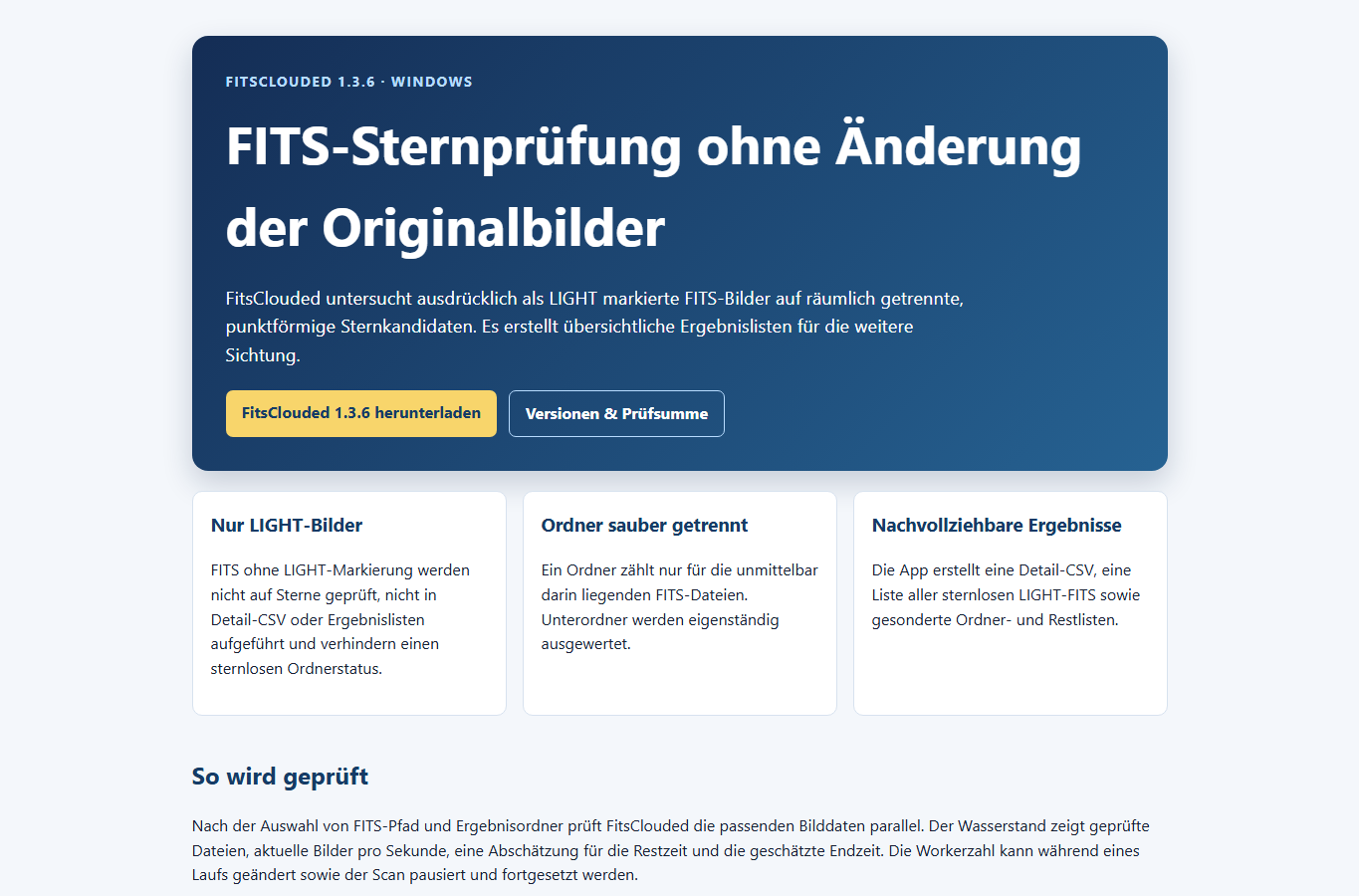 Screenshot: FitsClouded – FITS-Sternprüfung