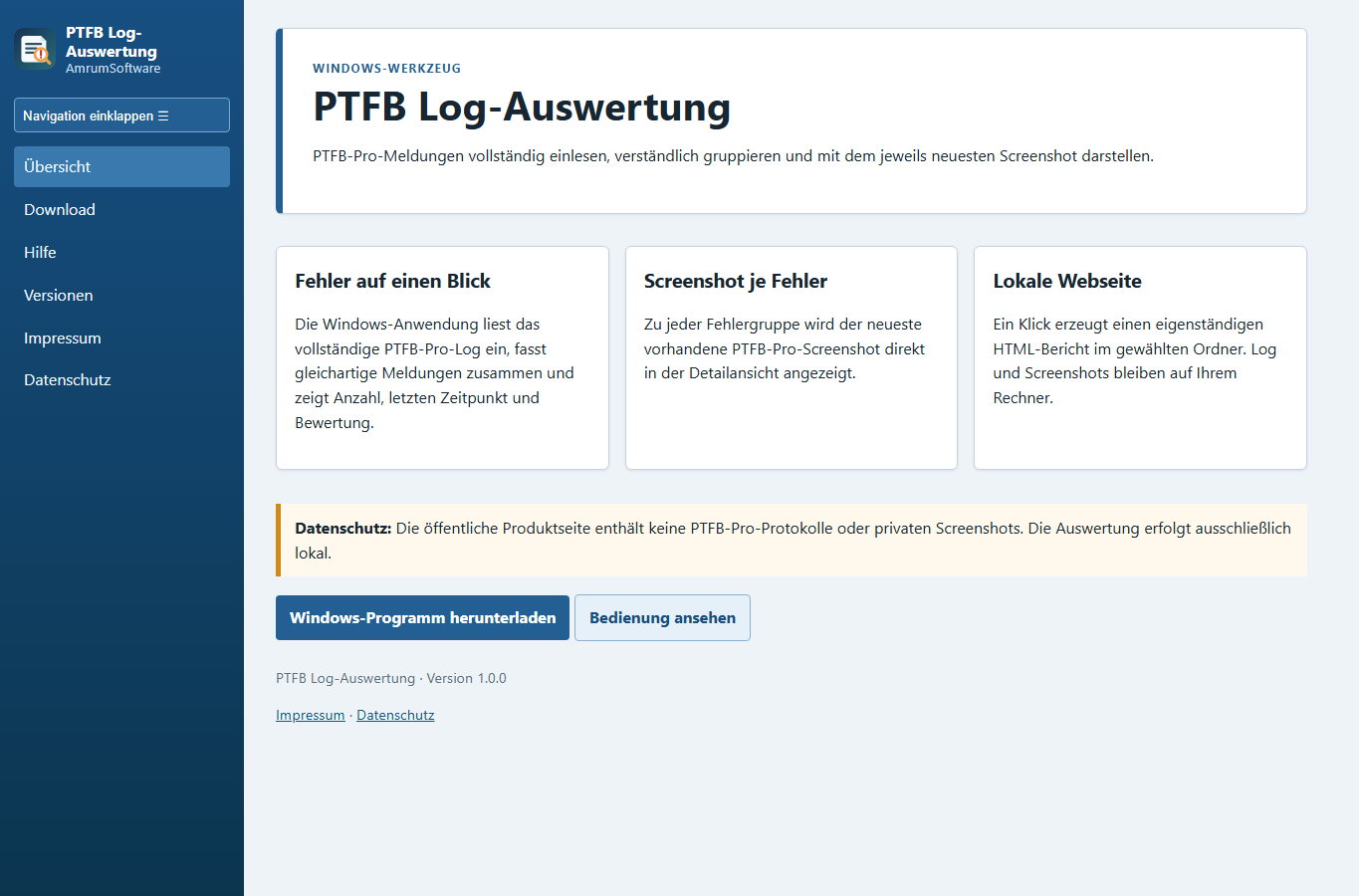 Screenshot: PTFB Log-Auswertung