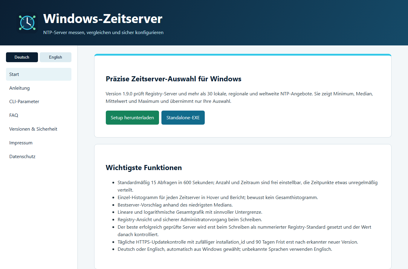 Screenshot: Start / Home – Windows-Zeitserver