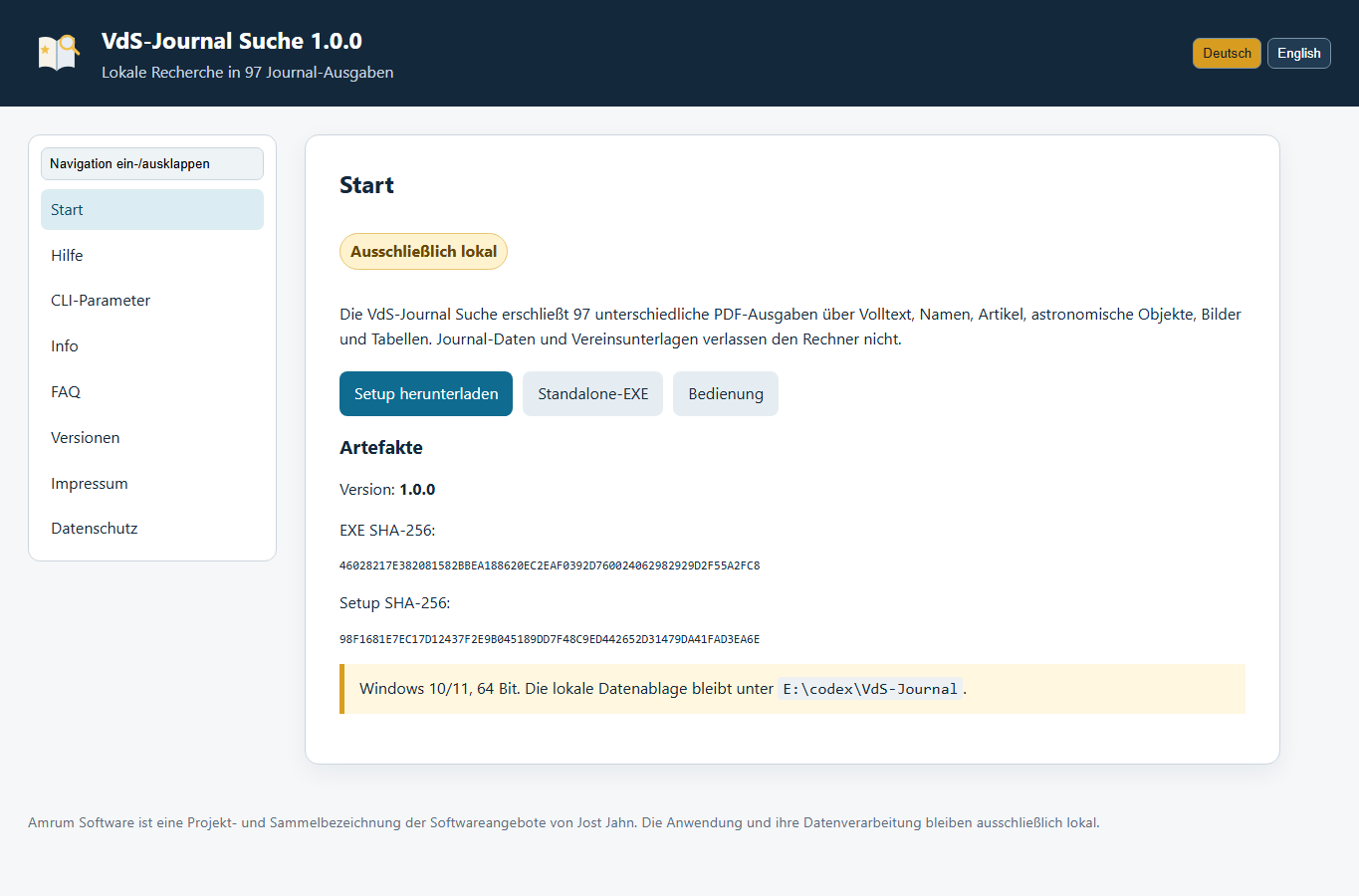 Screenshot: Start – VdS-Journal Suche 1.0.0