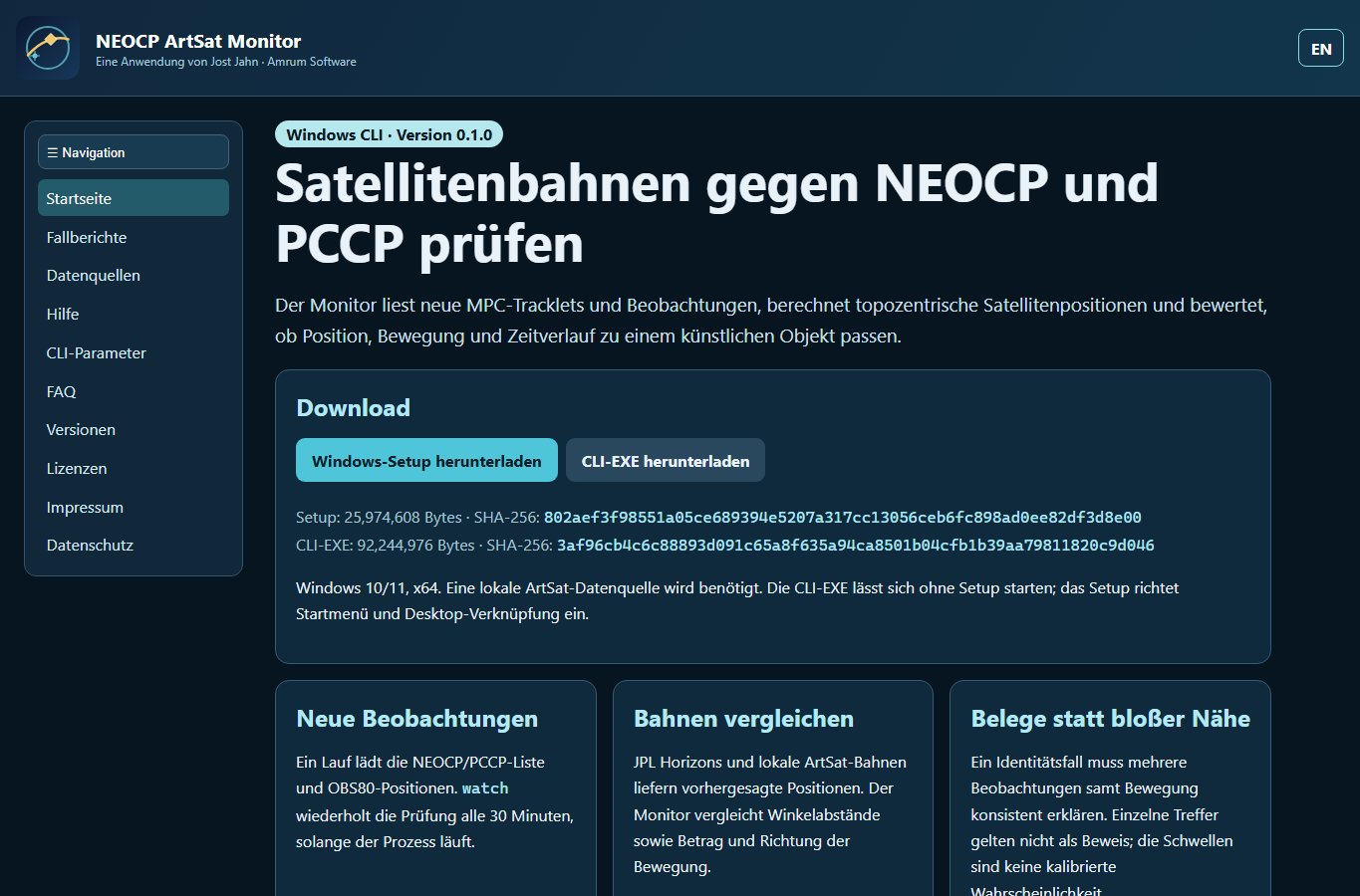 Screenshot: Startseite | NEOCP ArtSat Monitor