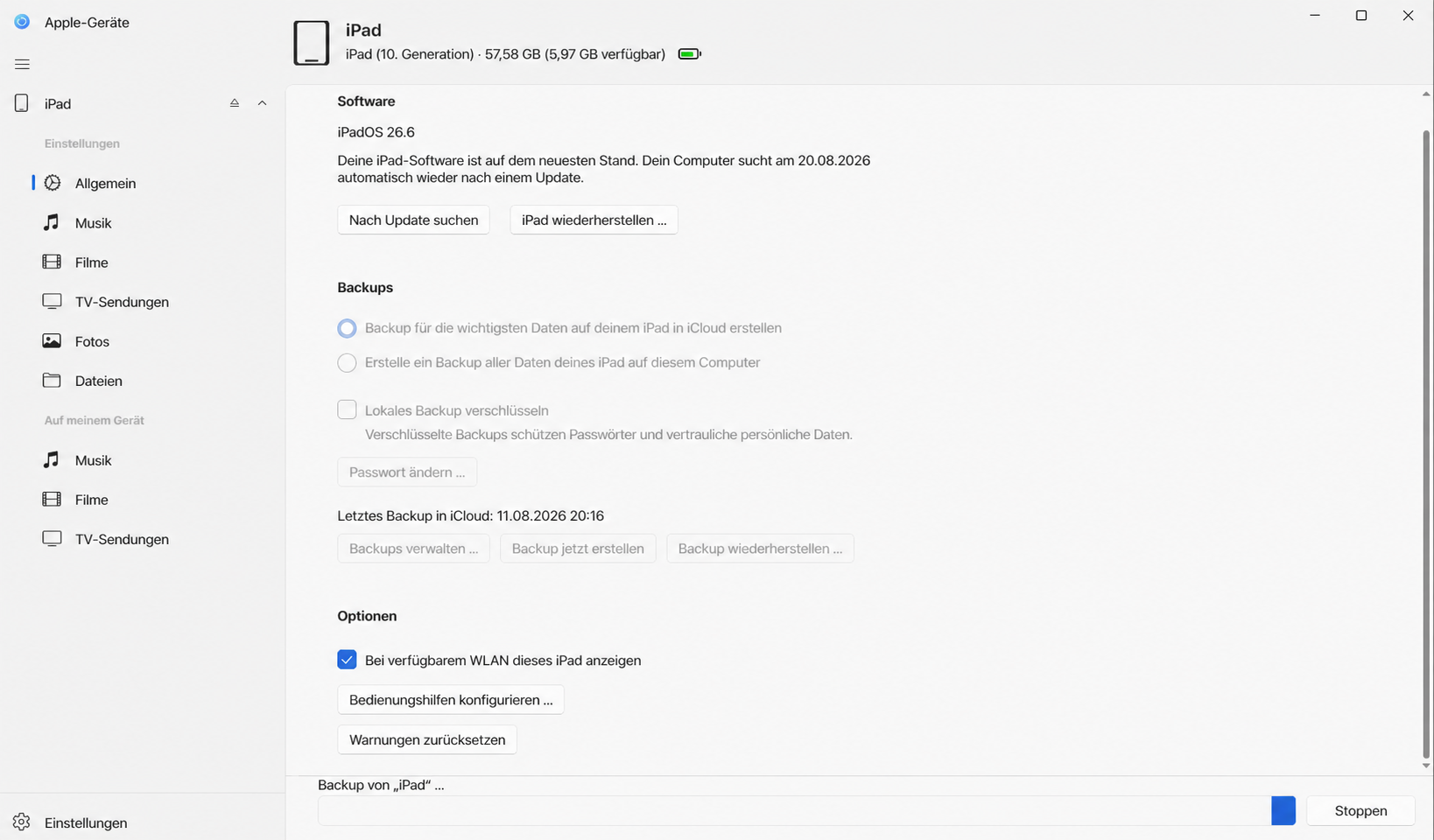 Apple-Geräte unter Windows direkt nach dem Start der Sicherung